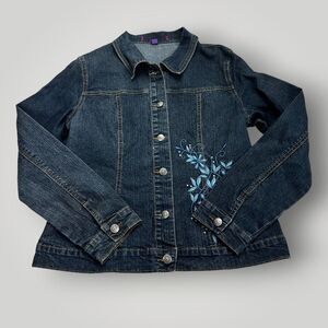 Jeanbay Women’s Denim Jacket Size L Dark Blue X Blue Floral Embroidery Button Up